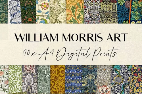 A collage of various William Morris art prints with intricate, botanical patterns and detailed floral designs. In the center, a beige banner reads "WILLIAM MORRIS ART - 40 x A4 Digital Prints" in elegant typography.