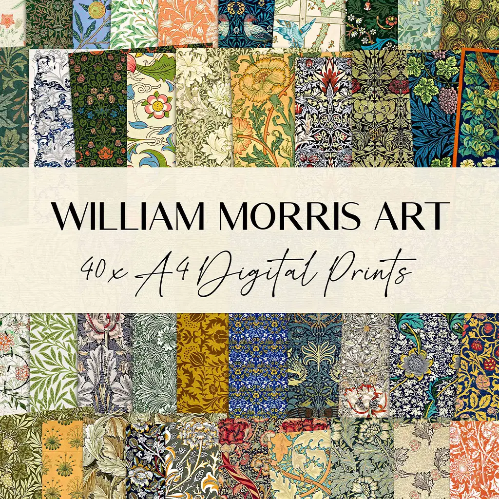 A collage of various William Morris art prints with intricate, botanical patterns and detailed floral designs. In the center, a beige banner reads "WILLIAM MORRIS ART - 40 x A4 Digital Prints" in elegant typography.