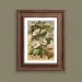 A framed botanical illustration of white flowers and green leaves on a cream background, designed as a Victorian Christmas decoration, displayed on a muted green wall. The frame is dark brown with a textured finish.