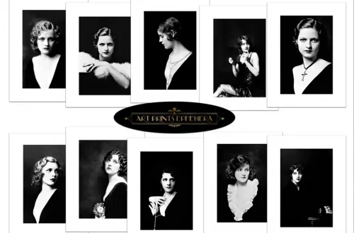 A collage of ten black-and-white vintage photographs featuring women in various poses and styles from the early 20th century. The central image contains the text "ART PRINTS EPHEMERA." Each photograph is framed in white, creating a clean and symmetrical layout.