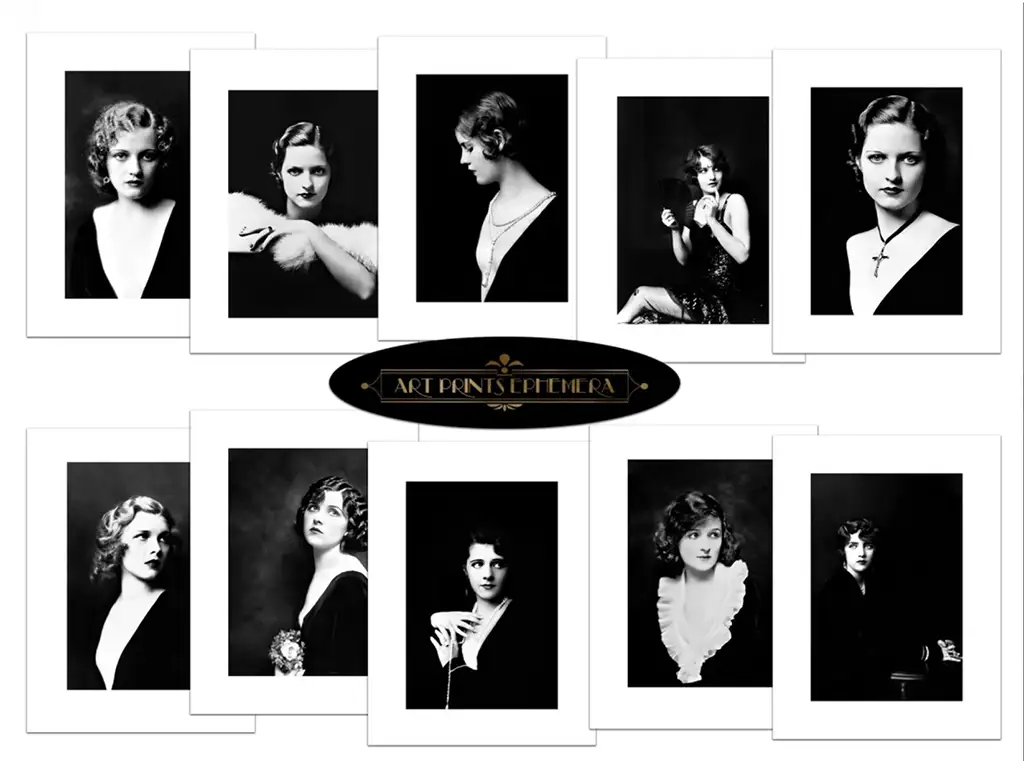 A collage of ten black-and-white vintage photographs featuring women in various poses and styles from the early 20th century. The central image contains the text "ART PRINTS EPHEMERA." Each photograph is framed in white, creating a clean and symmetrical layout.