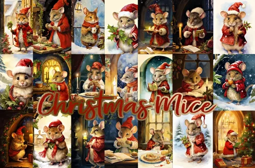 A collage of festive illustrations features mice in various Christmas-themed settings. The mice are wearing holiday attire, such as Santa hats and scarves, and are engaged in activities like reading, baking, lighting candles, and decorating. The text "Christmas Mice" is in the center.