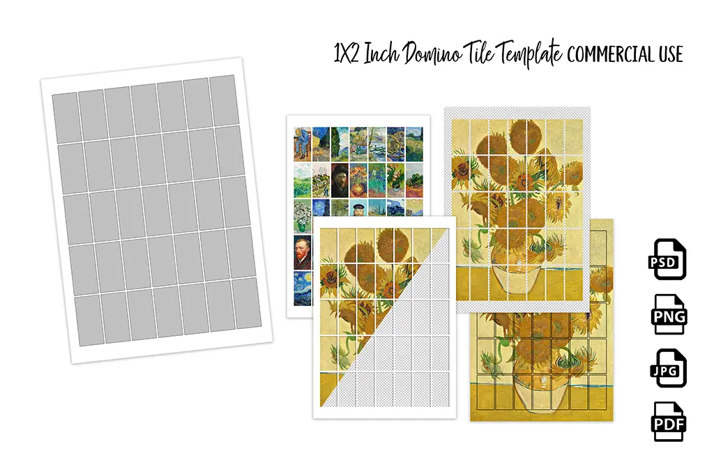 A 1x2 inch domino tile template set for commercial use. The image shows a blank grey template on the left and three templates overlaid with artwork on the right. Icons at the bottom indicate the templates are available in PSD, PNG, JPG, and PDF formats.