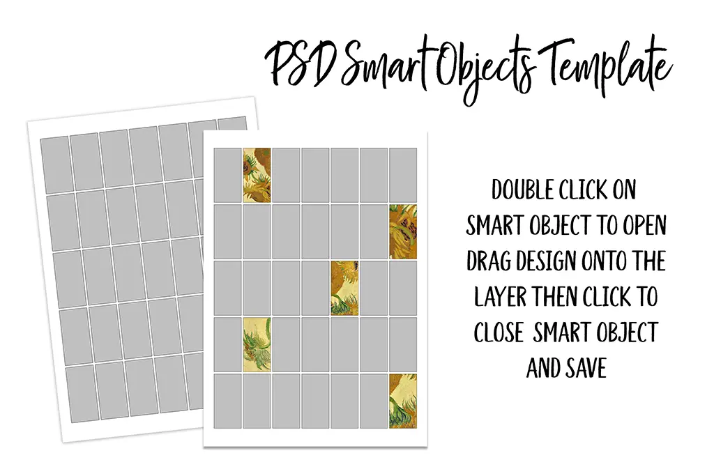 An image showing a PSD Smart Objects template. It includes two grids with several empty gray squares. Some of the squares in the front grid are filled with a floral design. Instructions read, "Double click on smart object to open, drag design onto the layer then click to close smart object and save.