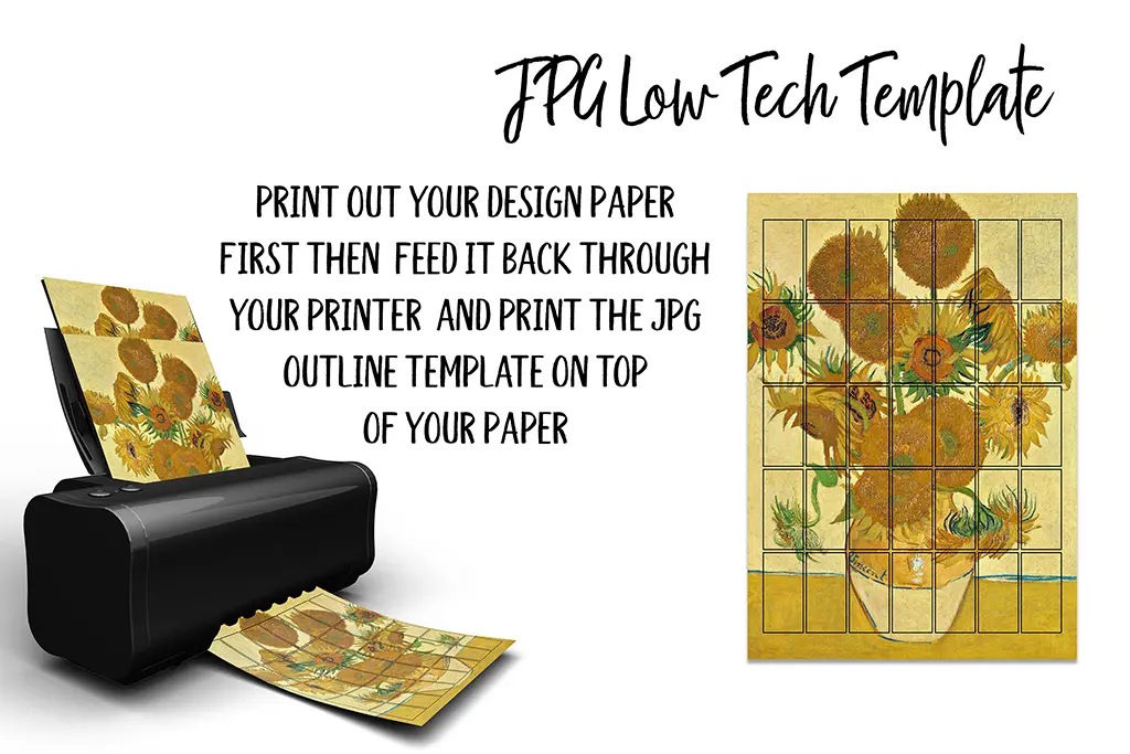 An image of a sunflowers design template being printed. A black printer partially ejects a printed page with a sunflower design, while another similar page with a grid overlay is shown on the right. Text instructions are above the graphics.