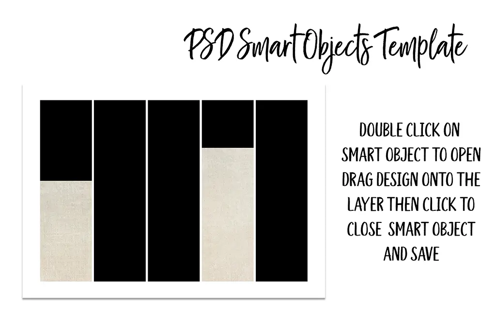 Image showing a PSD Smart Objects Template with five rectangular placeholders on a white background. Instructions read: "Double click on smart object to open. Drag design onto the layer then click to close smart object and save." Text above the template reads "PSD Smart Objects Template.