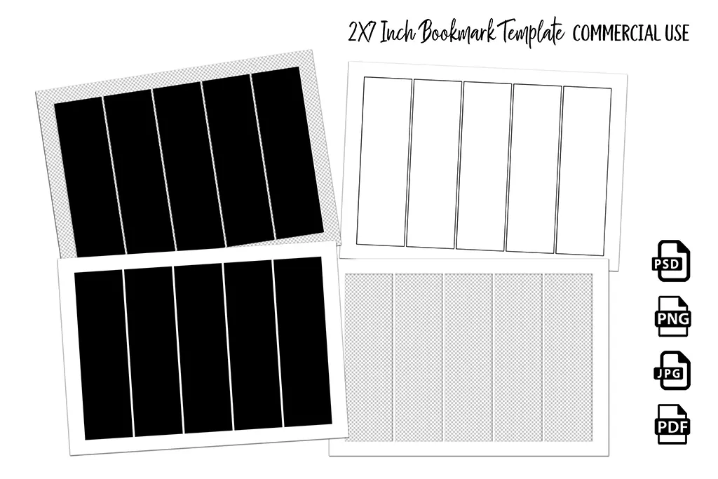 An image of 2x7 inch bookmark templates for commercial use. There are four templates visible: one with solid black bookmarks, one with black outlines, one with gray polka dots, and another with gray grid dots. Icons for PSD, PNG, and PDF file formats are also shown.