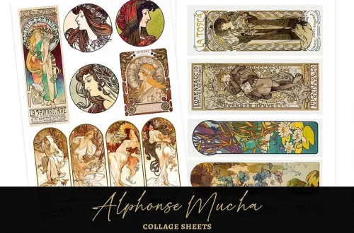 A collage sheet featuring various works by Alphonse Mucha. The sheet includes circular, rectangular, and arched illustrations depicting elegant women, intricate floral patterns, and ornate designs, characteristic of the Art Nouveau style.