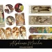 A collage sheet featuring various works by Alphonse Mucha. The sheet includes circular, rectangular, and arched illustrations depicting elegant women, intricate floral patterns, and ornate designs, characteristic of the Art Nouveau style.