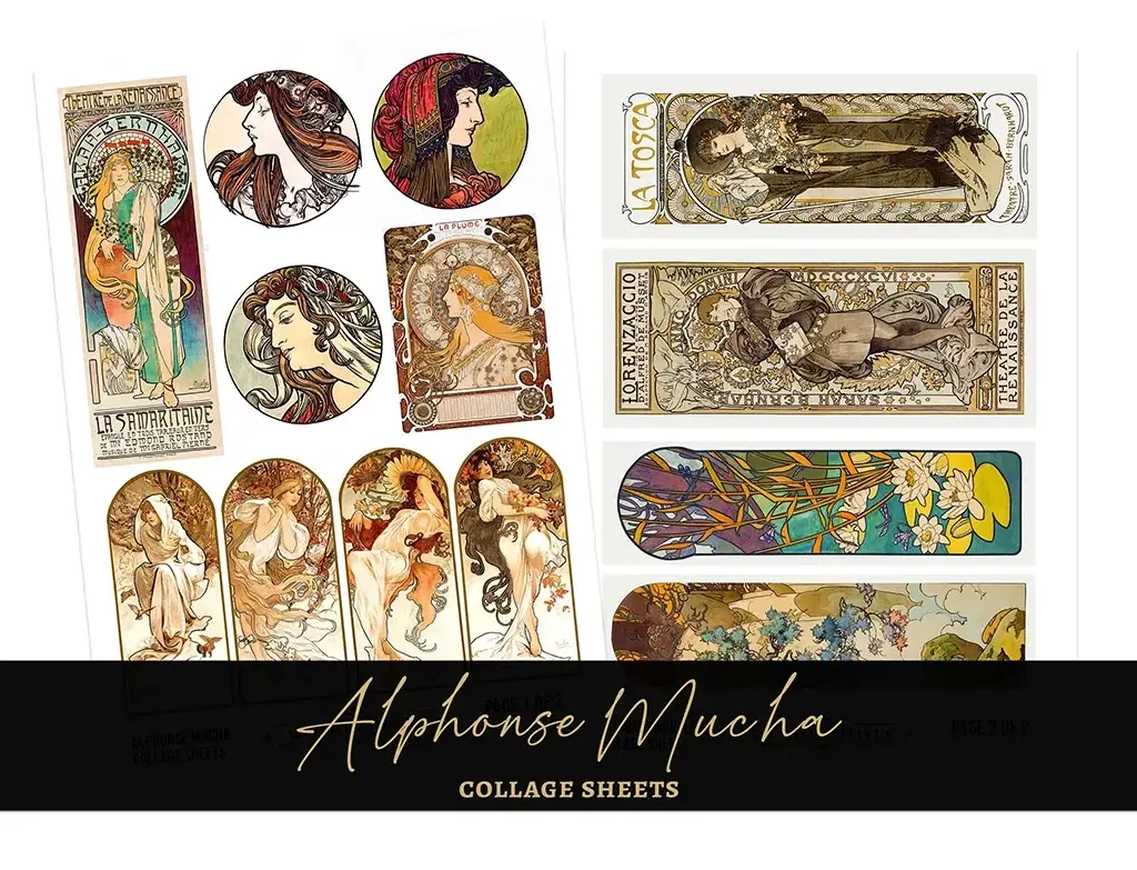 A collage sheet featuring various works by Alphonse Mucha. The sheet includes circular, rectangular, and arched illustrations depicting elegant women, intricate floral patterns, and ornate designs, characteristic of the Art Nouveau style.