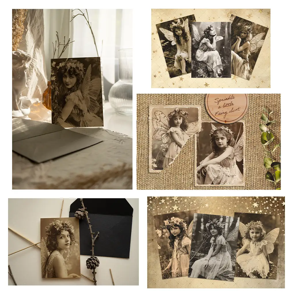 A collage featuring vintage sepia-toned fairy photos. Top left image: A fairy postcard on a table with paper and decor. Top right and bottom images: various old-fashioned fairy photos on a fabric and natural element background. Each fairy wears a floral crown and wings.