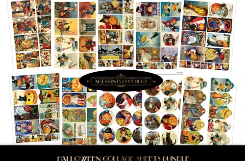 A collection of vintage Halloween-themed collage sheets featuring a variety of illustrations, such as pumpkins, witches, and children in costumes. Each sheet displays an assortment of retro-style artwork with vibrant colors and nostalgic imagery. Text reads "Art Prints Ephemera" and "Halloween Collage Sheets Bundle.