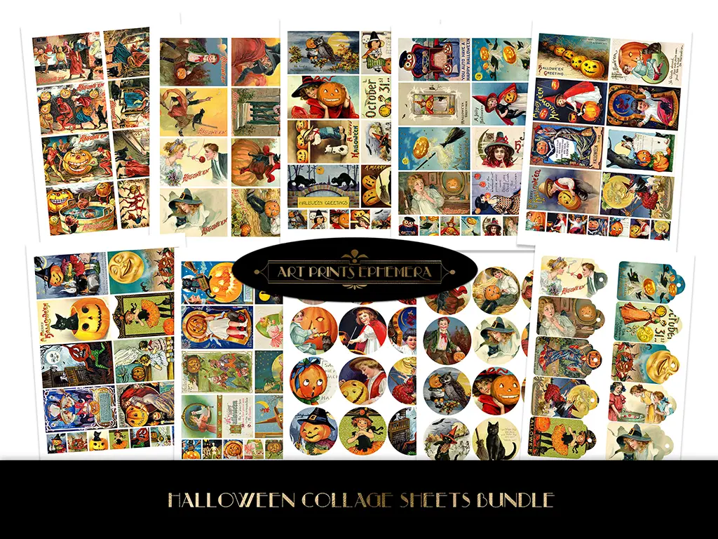 A collection of vintage Halloween-themed collage sheets featuring a variety of illustrations, such as pumpkins, witches, and children in costumes. Each sheet displays an assortment of retro-style artwork with vibrant colors and nostalgic imagery. Text reads "Art Prints Ephemera" and "Halloween Collage Sheets Bundle.