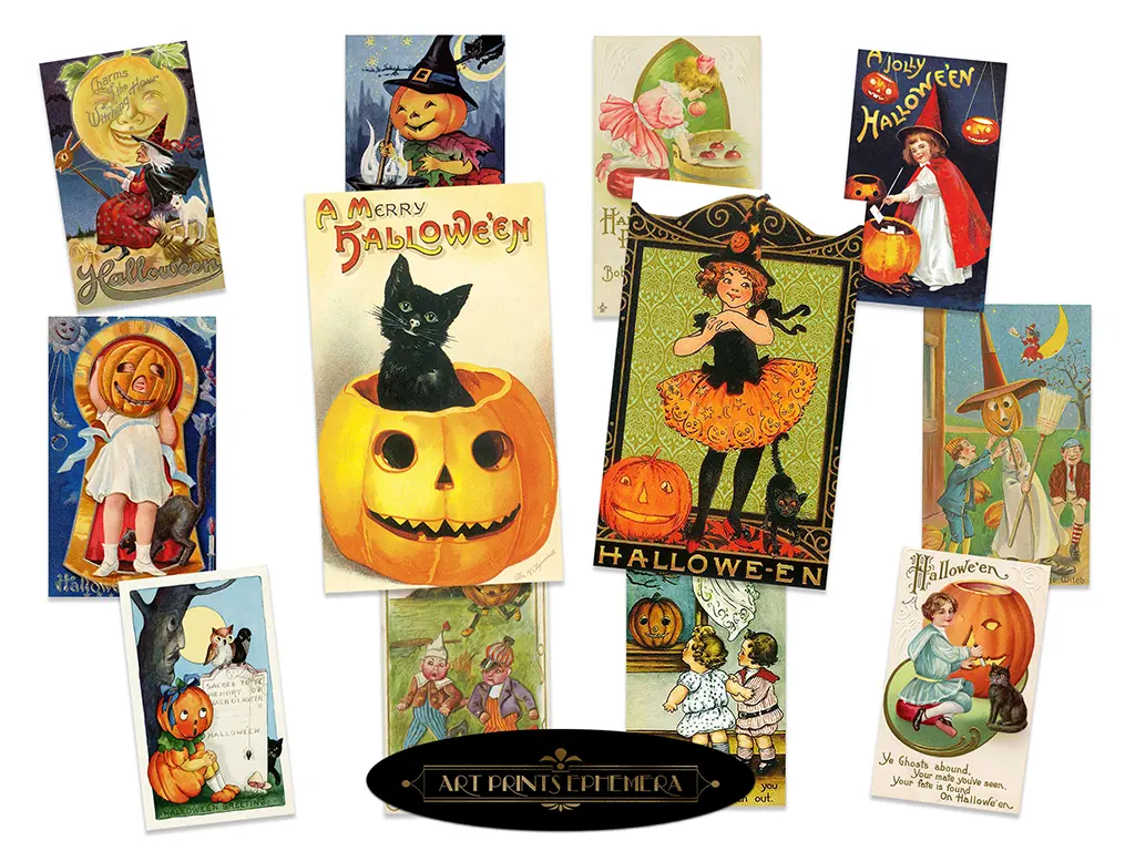 A collage of vintage Halloween postcards depicting children, black cats, pumpkins, and witches in festive costumes. Each postcard features vibrant, nostalgic illustrations conveying Halloween greetings and festive scenes. At the bottom is a label: "Art Prints Ephemera.