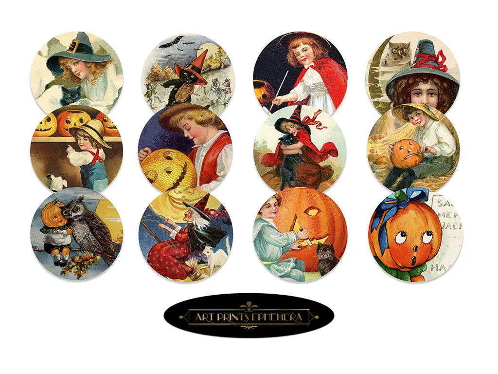 An arrangement of 12 vintage Halloween-themed illustrations, each featuring children and playful Halloween elements like pumpkins, owls, black cats, and witches. Below the illustrations is an oval plaque with the text "ART PRINTS EPHEMERA.
