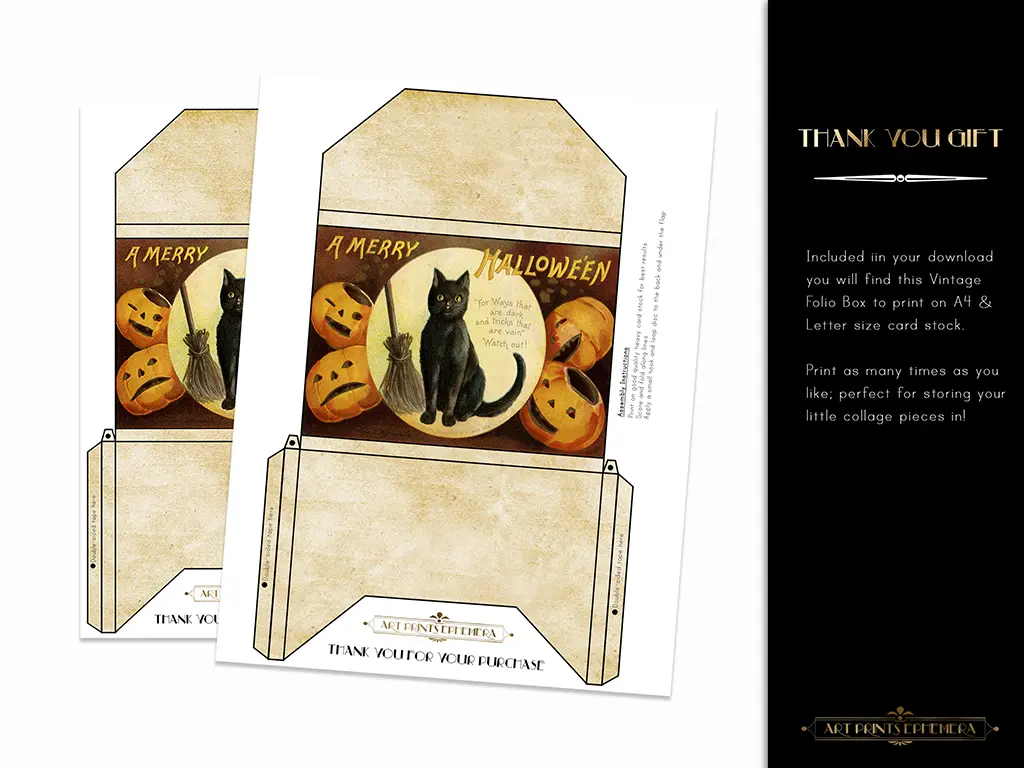 An image showing a printable folio box design for Halloween. The box features vintage artwork with a black cat and jack-o'-lanterns under the text "A Merry Halloween." There's a brief description of the item on the right side of the image.