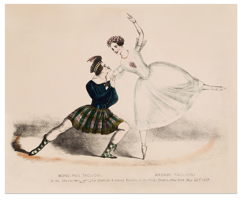 An illustration depicts two ballet dancers. The male dancer, wearing a kilt and traditional Scottish attire, kneels while holding the hand of the female dancer, who wears a white dress and stands en pointe. The caption reads "Mons. Paul Taglioni" and "Madame Taglioni.