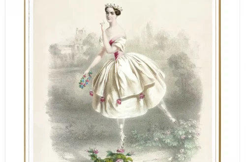 A vintage illustration of a ballerina wearing a white dress with pink accents and a tiara, balancing on one foot. She is holding a bouquet of flowers and standing in a picturesque garden setting with trees and a distant building in the background.