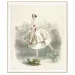 A vintage illustration of a ballerina wearing a white dress with pink accents and a tiara, balancing on one foot. She is holding a bouquet of flowers and standing in a picturesque garden setting with trees and a distant building in the background.
