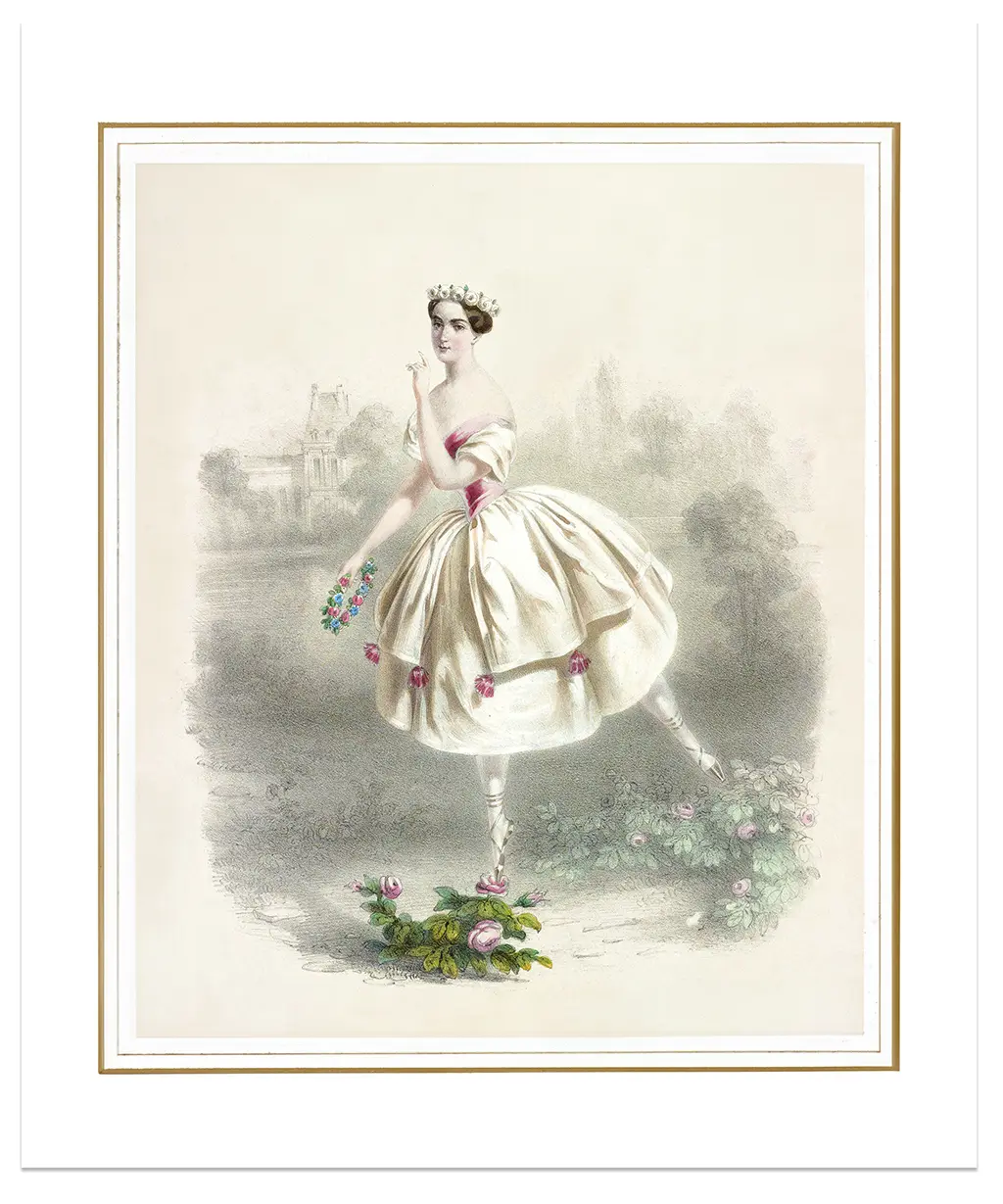 A vintage illustration of a ballerina wearing a white dress with pink accents and a tiara, balancing on one foot. She is holding a bouquet of flowers and standing in a picturesque garden setting with trees and a distant building in the background.