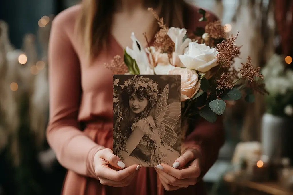 A woman in a pink dress holds a bouquet of assorted flowers in one hand and an old-fashioned photo of a fairy-like woman with wings in the other. The background is softly lit with bokeh, giving a warm and nostalgic atmosphere.