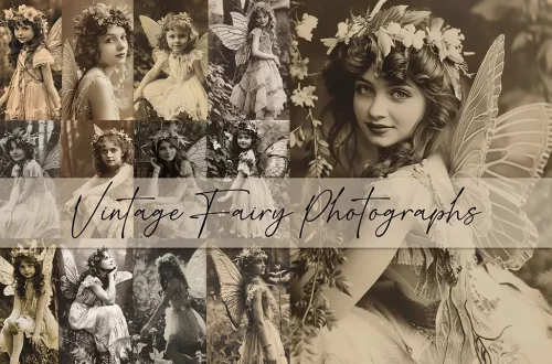 A collage of sepia-toned vintage photographs featuring young girls dressed as fairies with wings and floral crowns. The text "Vintage Fairy Photographs" is written across the center. The images evoke a whimsical, old-fashioned charm.