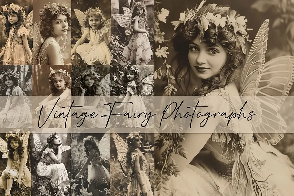 A collage of sepia-toned vintage photographs featuring young girls dressed as fairies with wings and floral crowns. The text "Vintage Fairy Photographs" is written across the center. The images evoke a whimsical, old-fashioned charm.