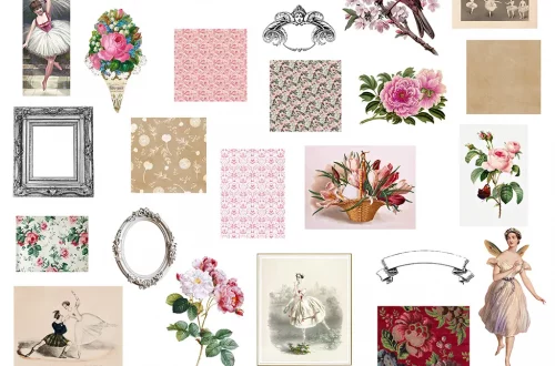 A collage of various vintage-style images including ballerinas, flowers, frames, sheet music, and patterned papers. The text at the bottom reads "PRIMA BALLERINA CREATIVE KIT" on a pink background.