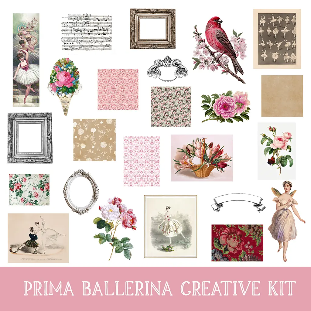 A collage of various vintage-style images including ballerinas, flowers, frames, sheet music, and patterned papers. The text at the bottom reads "PRIMA BALLERINA CREATIVE KIT" on a pink background.