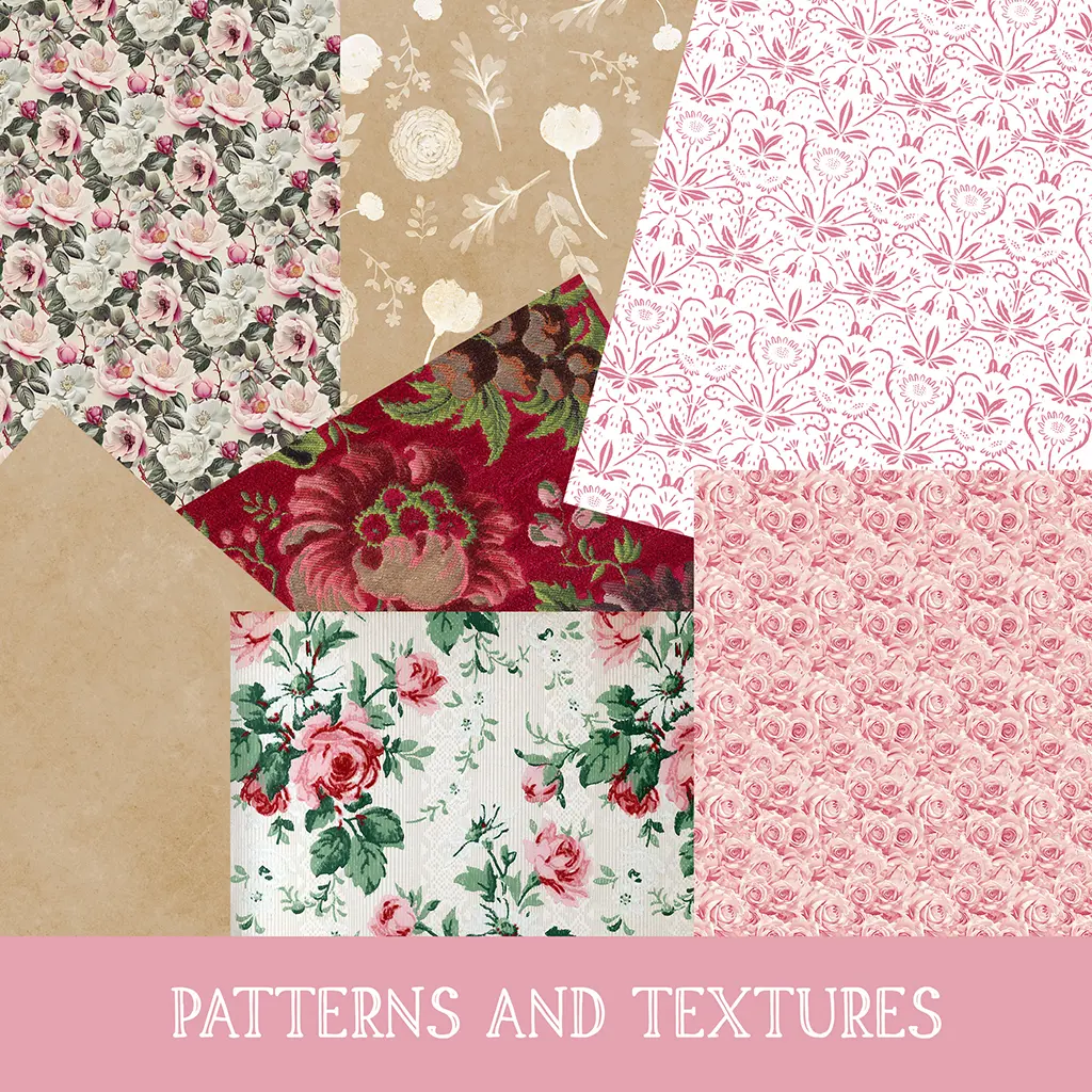 A collage of various floral patterns and textures, displaying intricate designs in colors like red, pink, green, beige, and white. The text "Patterns and Textures" is written at the bottom on a pink background.