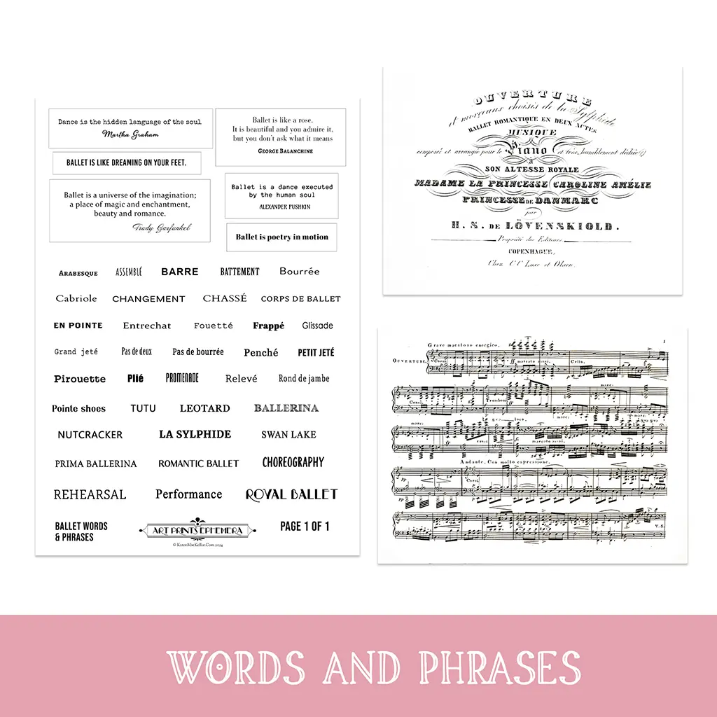 A collage with ballet-related quotes in various fonts, music sheet excerpts, and a list of ballet terms such as "Barre," "Changement," and "Pirouette," all set against a white background. The bottom of the collage features the text "Words and Phrases" in elegant script.