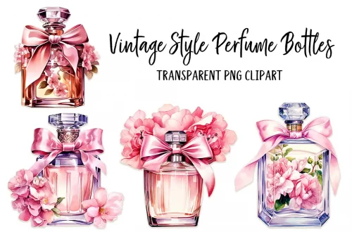 Illustration of four vintage-style perfume bottles adorned with pink flowers and ribbons. Each bottle features a unique design and is paired with blooming flowers, showcasing an elegant and feminine aesthetic. The text reads "Vintage Style Perfume Bottles, Transparent PNG Clipart.