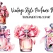Illustration of four vintage-style perfume bottles adorned with pink flowers and ribbons. Each bottle features a unique design and is paired with blooming flowers, showcasing an elegant and feminine aesthetic. The text reads "Vintage Style Perfume Bottles, Transparent PNG Clipart.
