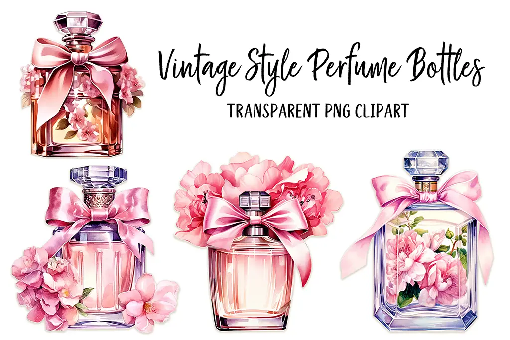 Illustration of four vintage-style perfume bottles adorned with pink flowers and ribbons. Each bottle features a unique design and is paired with blooming flowers, showcasing an elegant and feminine aesthetic. The text reads "Vintage Style Perfume Bottles, Transparent PNG Clipart.