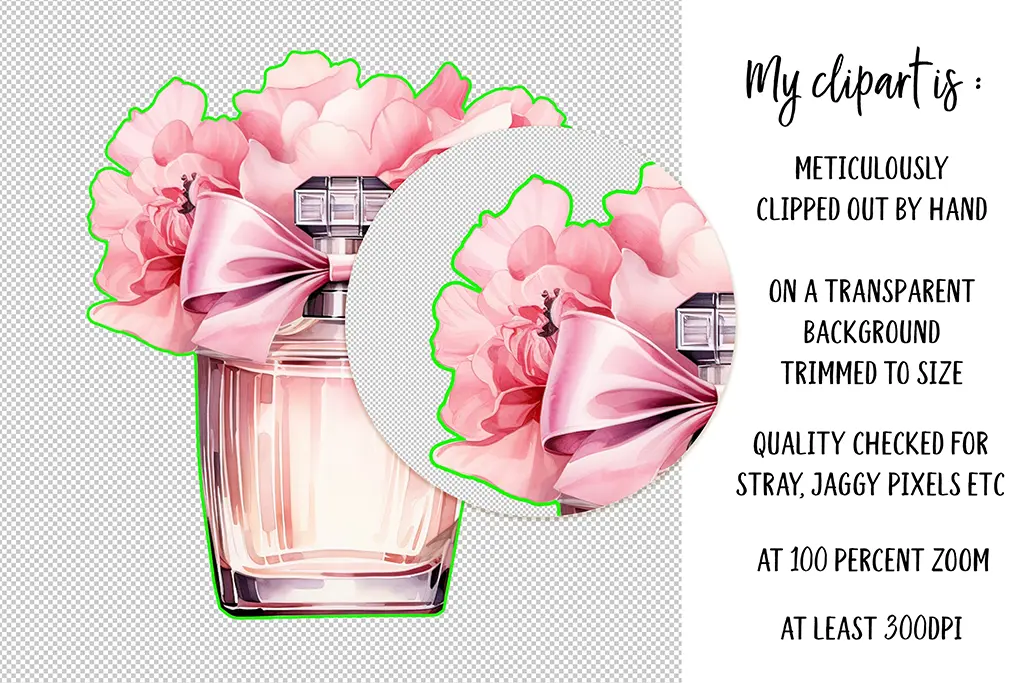 A perfume bottle adorned with pink flowers and a pink ribbon is meticulously clipped out by hand on a transparent background. The text beside the image details the quality assurance process, including 100 percent zoom and at least 300 DPI resolution.