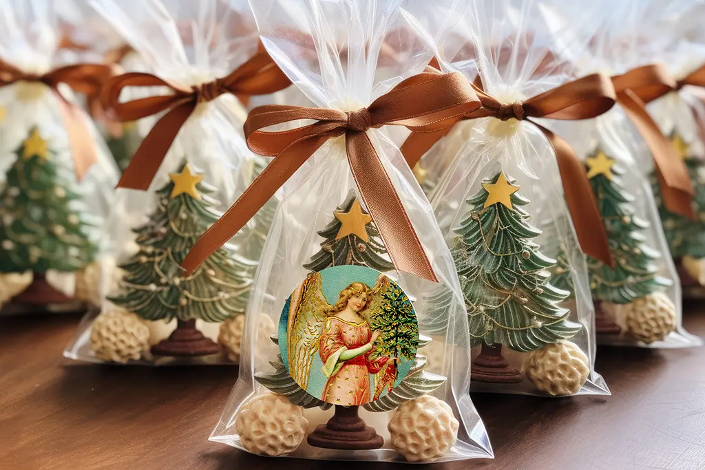 Transparent gift bags, tied with brown ribbons, containing chocolate Christmas trees and angel decorations are neatly arranged in rows on a wooden surface. Each bag has a vintage-style picture of an angel with a tree.