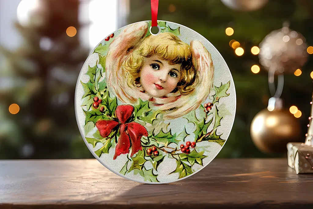 A Christmas ornament features a vintage-style illustration of an angelic child with blonde hair, surrounded by holly leaves and berries, and adorned with a red bow. The ornament hangs from a red ribbon, with a blurred, festive background of lights and decorations.