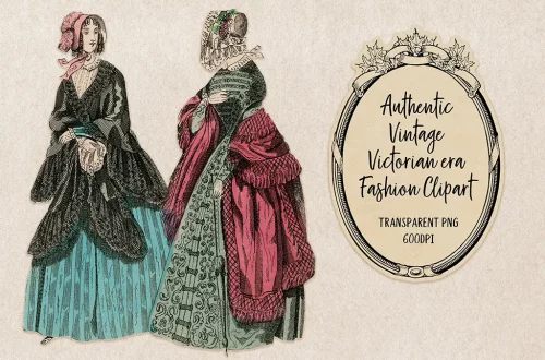 An illustration of two women in Victorian-era clothing. One wears a black dress with a blue skirt, and the other dons a red cloak over a green patterned dress. Next to them is a decorative frame reading "Authentic Vintage Victorian era Fashion Clipart.