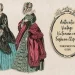 An illustration of two women in Victorian-era clothing. One wears a black dress with a blue skirt, and the other dons a red cloak over a green patterned dress. Next to them is a decorative frame reading "Authentic Vintage Victorian era Fashion Clipart.