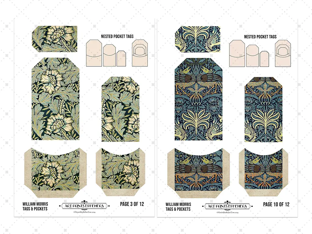 Image of a crafting sheet featuring printable designs of tags and pockets in William Morris patterns. The sheet includes different sizes of tags and pockets with intricate floral and leaf designs in green, blue, and beige tones.
