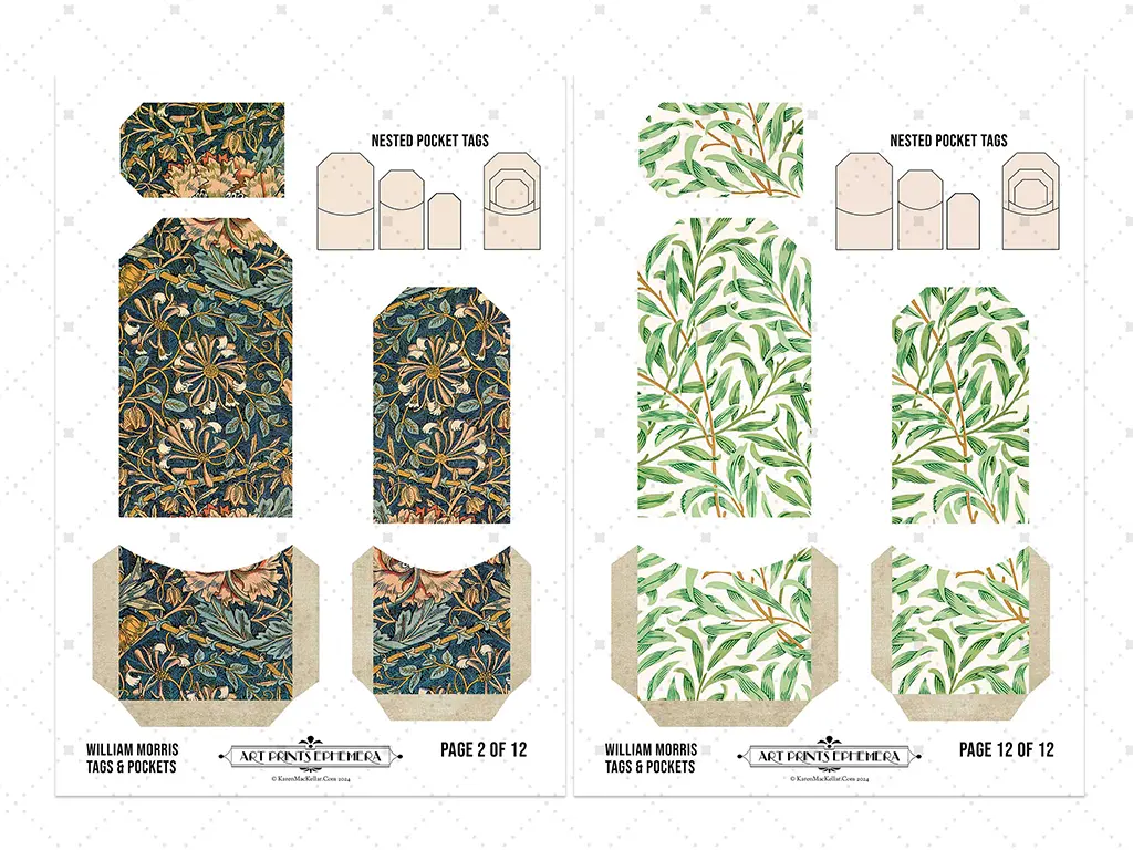 A printable sheet features two designs for nested pocket tags. The left side has a dense floral pattern with green foliage and red flowers, while the right side showcases a green leafy pattern on a light background. Each design includes multiple tags and pockets.