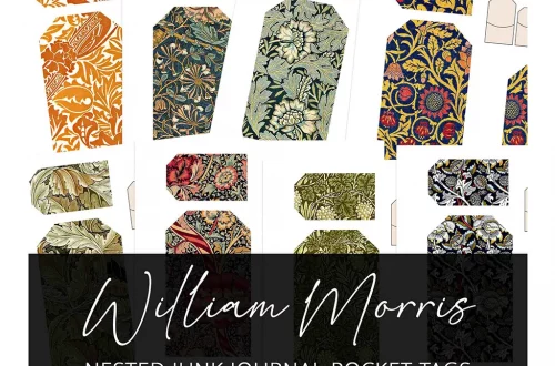A collection of intricate, nature-inspired pocket tags designed by William Morris is displayed against a white background. Each tag features a unique pattern with vibrant colors and detailed floral or foliage designs. Text at the bottom reads: "William Morris Nested Junk Journal Pocket Tags.