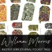 A collection of intricate, nature-inspired pocket tags designed by William Morris is displayed against a white background. Each tag features a unique pattern with vibrant colors and detailed floral or foliage designs. Text at the bottom reads: "William Morris Nested Junk Journal Pocket Tags.