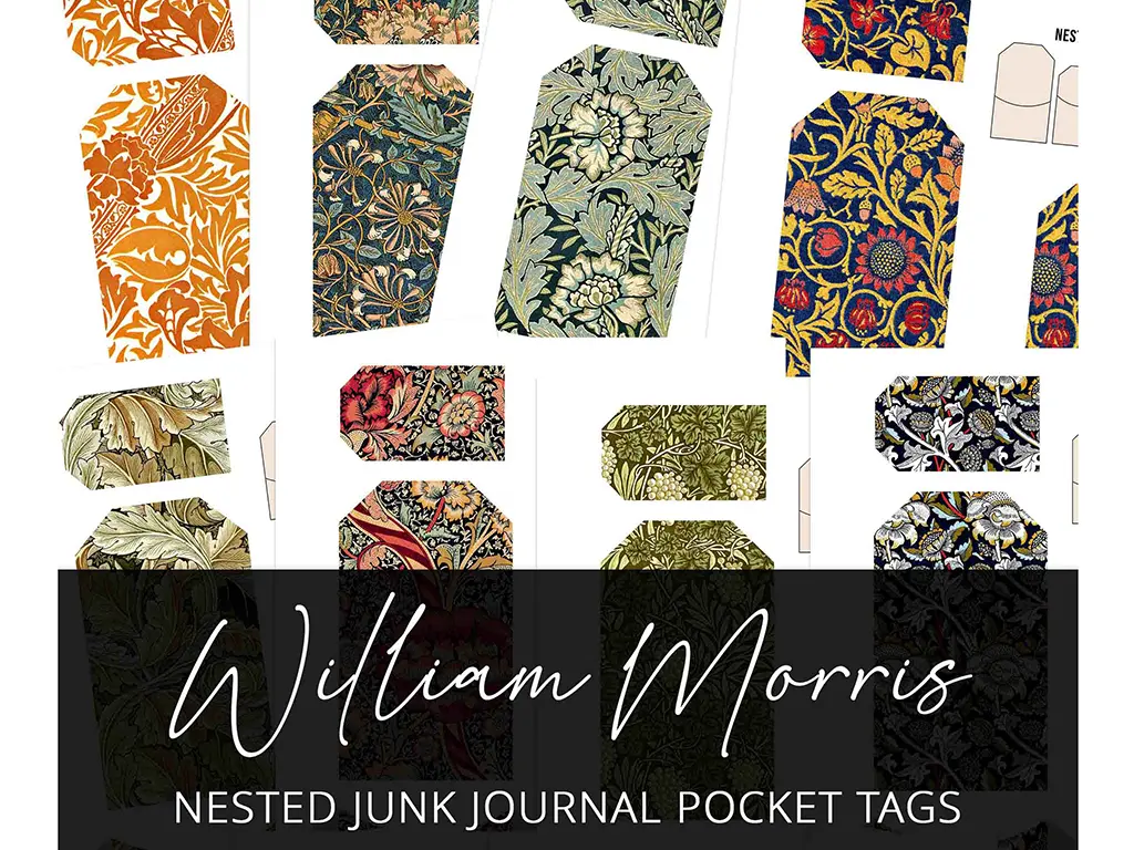 A collection of intricate, nature-inspired pocket tags designed by William Morris is displayed against a white background. Each tag features a unique pattern with vibrant colors and detailed floral or foliage designs. Text at the bottom reads: "William Morris Nested Junk Journal Pocket Tags.