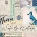 A collage with a winter theme, featuring a blue jay illustration, musical notes, handwritten letters, tree branches, and vintage ads. The text "Winter Bird Collage" is prominently displayed in elegant script across the bottom. The color palette is muted and cool.