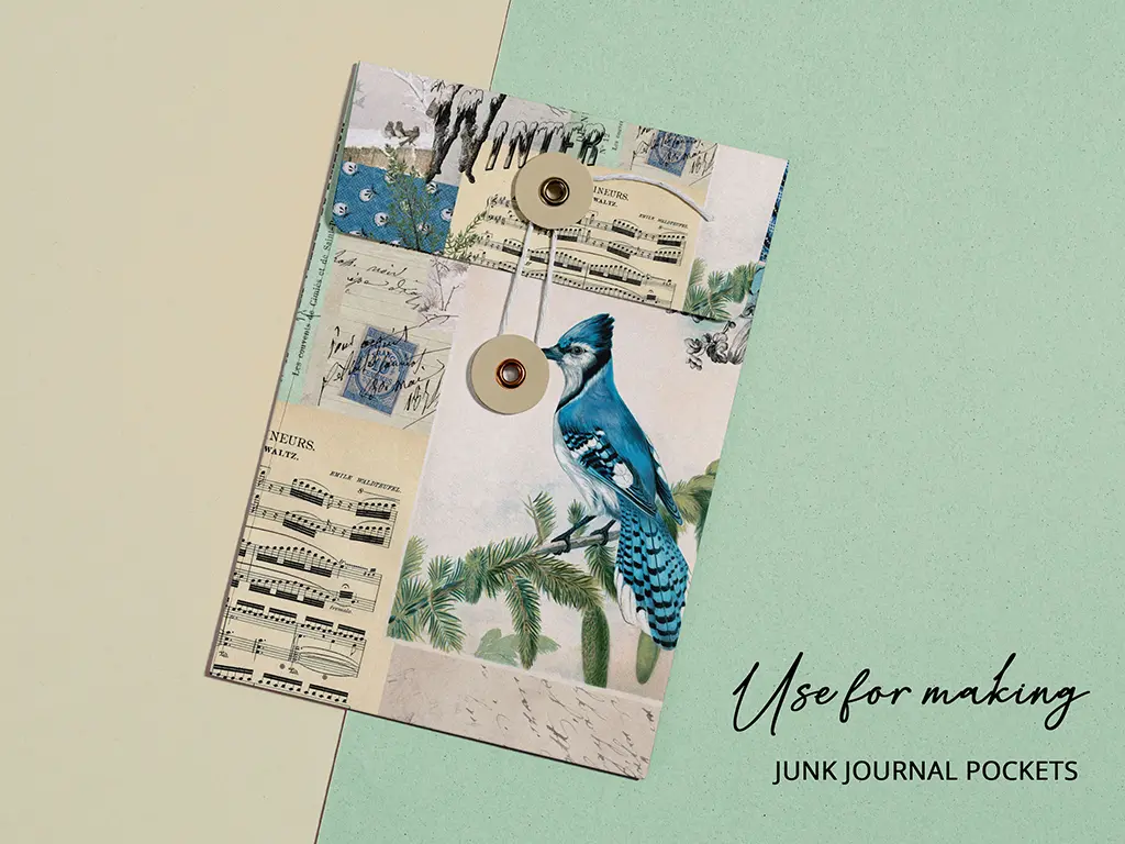 A decorative paper envelope lies on a two-tone background with beige and mint green sections. The envelope features a blue jay, sheet music, vintage paper, twine ties, and floral patterns. Text at the bottom right reads "Use for making JUNK JOURNAL POCKETS.