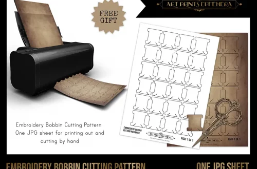 An image displaying an embroidery bobbin cutting pattern. A printer is printing a sheet with multiple bobbins outlined on it. The sheet is shown in both a white background outline and a vintage tan cut-out version. A pair of scissors is also depicted.