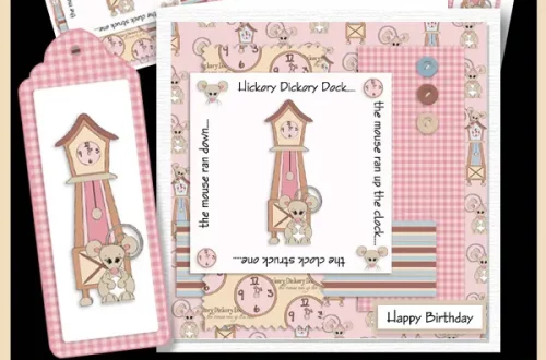 "Hickory Dickory Dock 8x8 Mini Kit by Karen Maclellar Designs. The image showcases various components of the kit, including a front panel, insert plate, decoupage elements, sentiments, and a bookmark featuring a pink and white color scheme with a mouse and clock design.