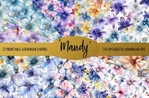 A display of 12 printable scrapbook papers featuring various floral designs in shades of blue, pink, purple, and yellow. A gold banner across the center reads "Mandy" and "12 printable scrapbook papers, 300 DPI digital download JPG.