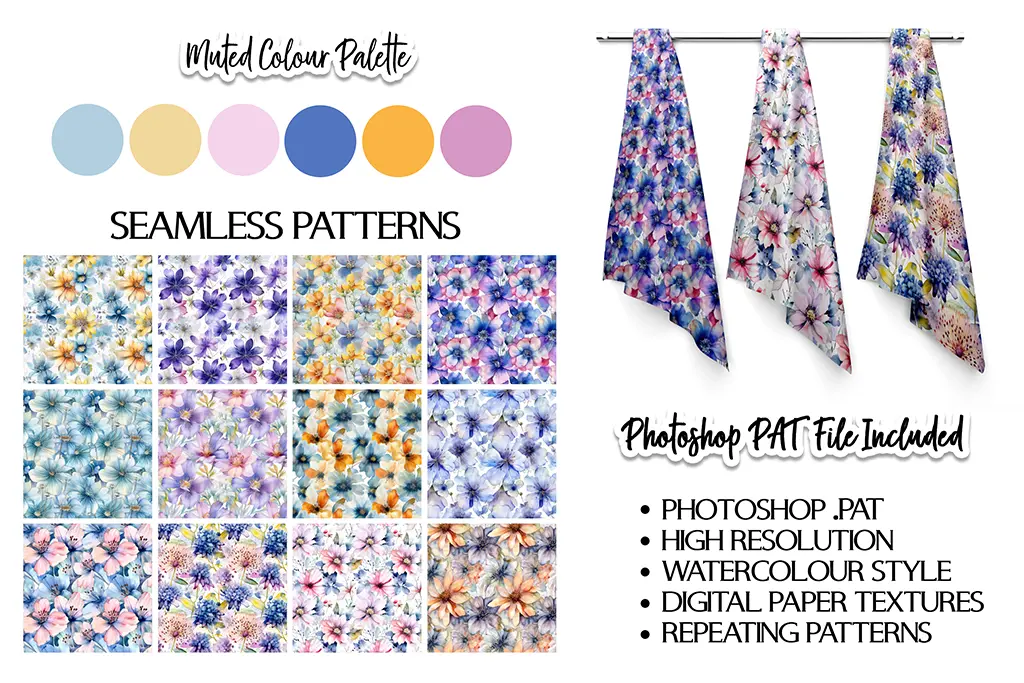 An image showing a collection of watercolor-style floral seamless patterns. The designs come in a muted color palette of seven shades: beige, lilac, blue, pink, light blue, muted yellow, and purple. Three patterned scarves are hanging on a rod to the right. Text includes "SEAMLESS PATTERNS" and details about the file type and features.